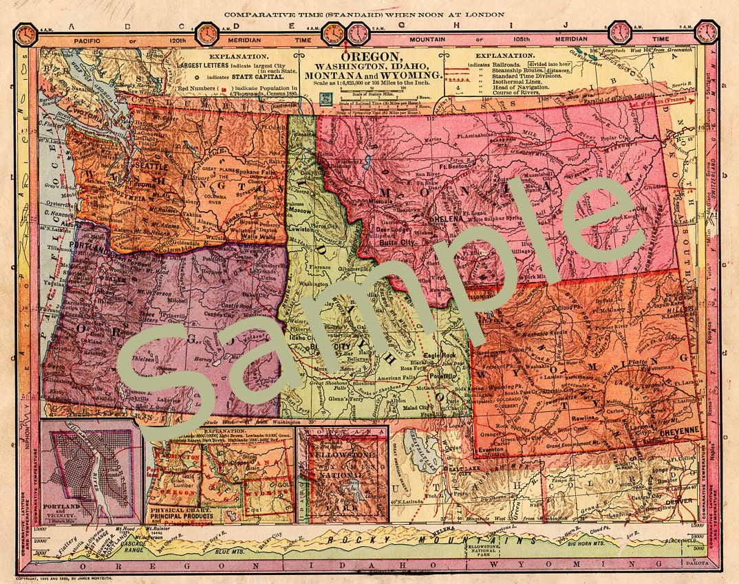Old Map of Oregon, Washington, Idaho, Montana, Wyoming Instant Digital Download 1880s Color Illustration
