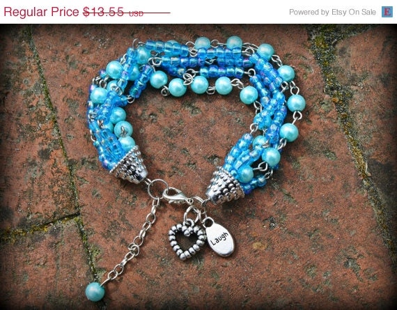 Summer Sale - Laughter Love - Turquoise Hand Beaded Heart Charm Bracelet