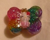 Kawaii Resin Pendant, Butterfly Hello Kitty With Rainbow Glitter And Handmade Chain