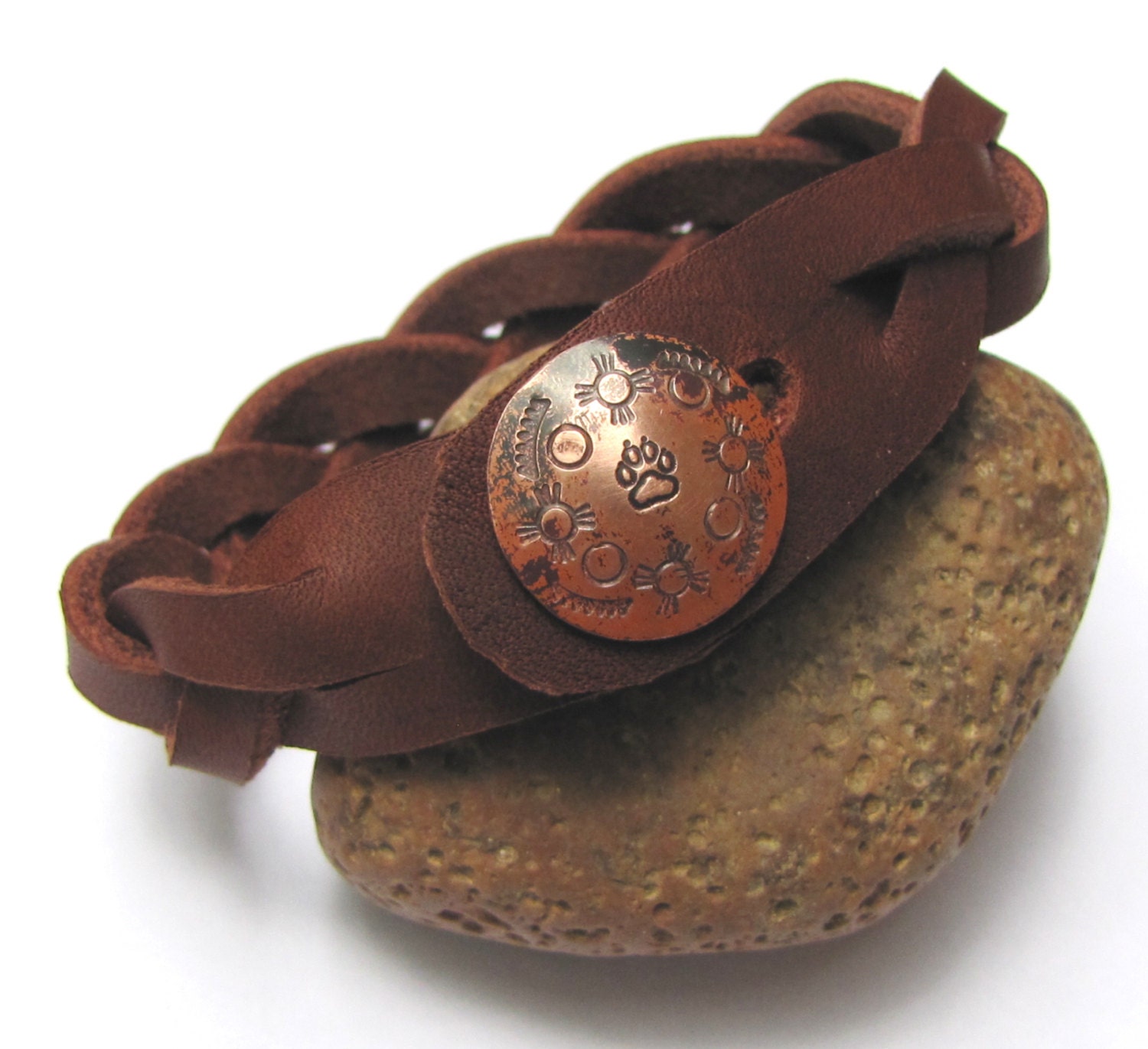 Men's wolf totem braided .75 in thick brown leather bracelet with rustic copper button closure USA handmade