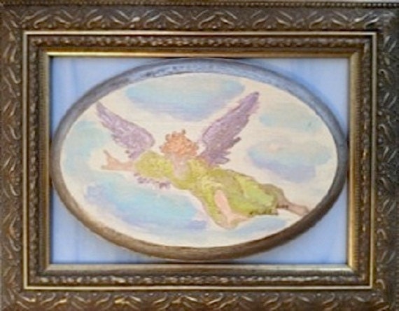 Angel on Stained Glass with Ornate Frame - OOAK Angel of Peace
