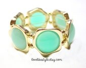 Mint Blue Gold Framed  Stone and  Gold Beads Statement Elastic Bracelet, Bridal Bracelet. Mint Bangle