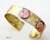 Brass Copper Circles Handcrafted Hand Cut Oxidized Wide Metalwork Statement Soldered Bracelet Cuff Gift for Her.Free Shipping