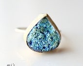 Dark Rainbow Druzy Teardrop Shiny Brass Sterling Silver Handcrafted Metalwork Bohemian Statement Ring Gift for Her.Free Shipping-Size 7.5