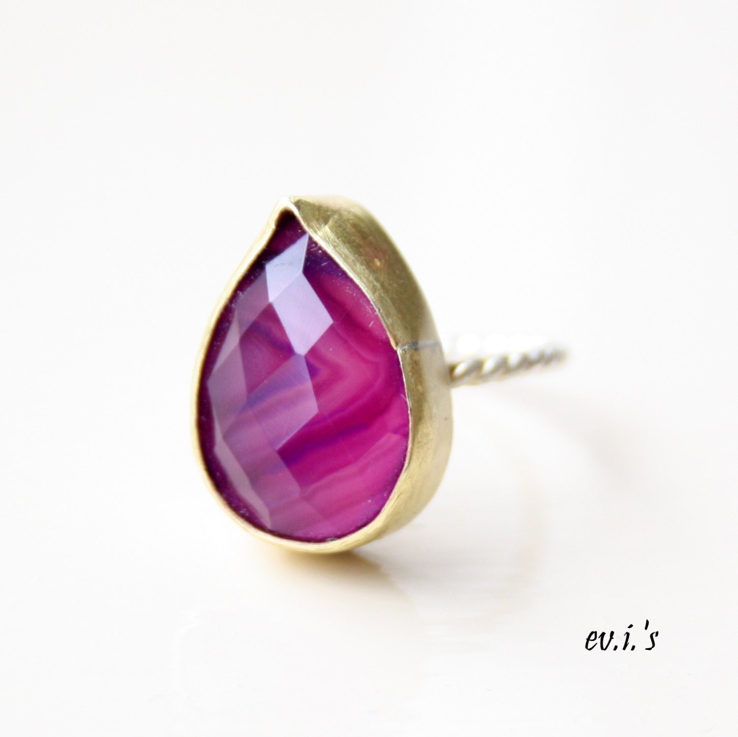 Faceted Purple Chalcedony Pear Teardrop Shiny Brass Sterling Silver Handcrafted Metalwork Bohemian Statement Ring Gift for Her-Size 6.25
