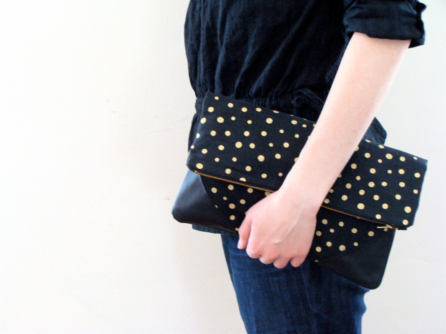 Metallic Gold Polka Dot Fold Over Clutch Screen Print Linen