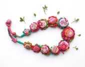 Colorful fiber necklace with fabric buttons, OOAK