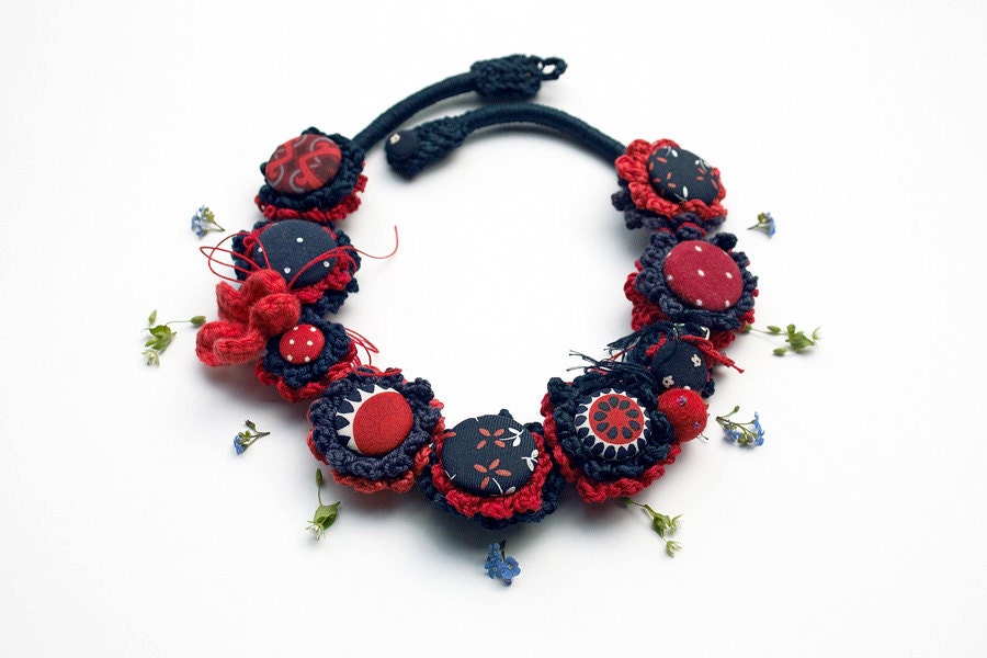 Red blue fiber art necklace, statement jewerly, crochet with fabric buttons, OOAK