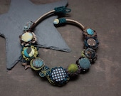 Crochet necklace with fabric buttons, statement eco friendly jewelry - chartreuse teal brown - OOAK