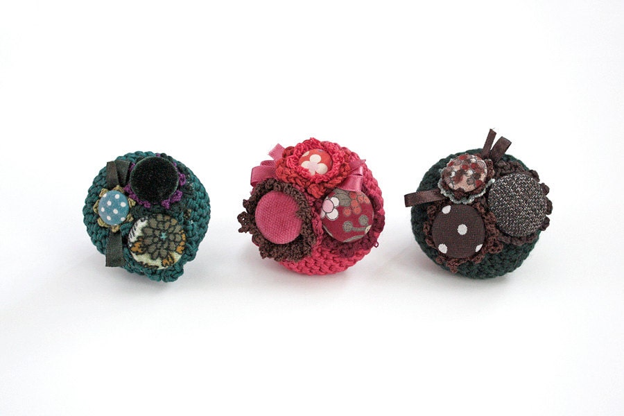 Crochet cluster circle pin brooch with fabric buttons, OOAK