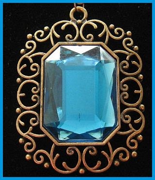 Vintage Rhinestone Pendant Necklace Aquamarine Blue Gold Chain HUGE 3" VG 1960s