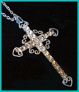 Vintage Cross Rhinestone Pendant Necklace Heart Filigree Design Silver Metal Easter 2" VG