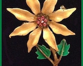 Vintage Flower Brooch Pin Yellow Enamel & Pink Rhinestones Gold Metal 2 1/4" VG