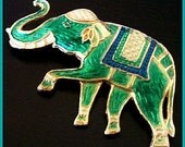 Vintage Enamel Brooch Pin Signed Warner Blue Green Elephant Gold Metal Egyptian 2" VG