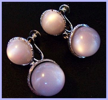 Vintage Earrings Blue  Moon Stones Frosted Silver metal Screw Back Style Art Deco 1 1/4" VG