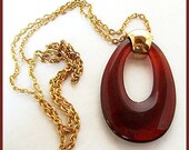 Vintage Pendant Necklace Topaz Brown Lucite Gold Curb Link Chain 26" VG 1960s-70s