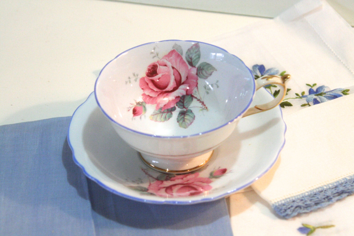 Vintage Collectible Dainty Tea Cup and Saucer for Tea Party MOTHERS DAY Gift PARAGON Fine Bone China England Baby blue  pink rose