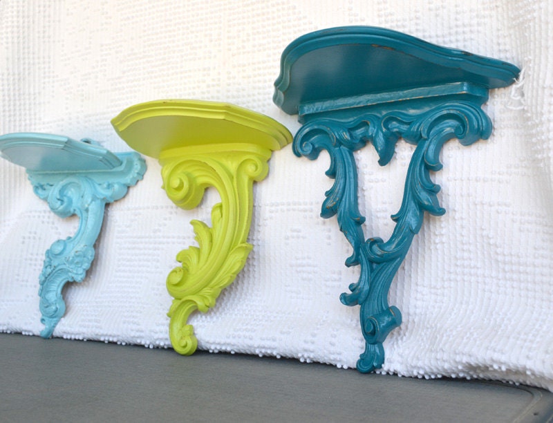 Teal Turquoise Aqua Lime Green Wood Shelves Set of 3 Upcycled Vintage Wood Shelves Mid Century Modern Tradtional Kitschy Decor