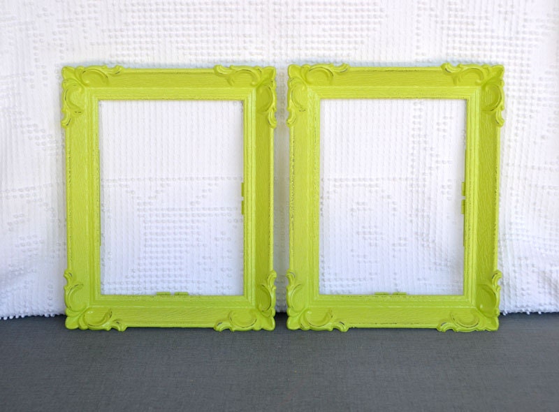 2 Lime Green Ornate  Vintage Frames - Upcycled Frames Modern Bedroom Decor Lime Grey White Chartruese