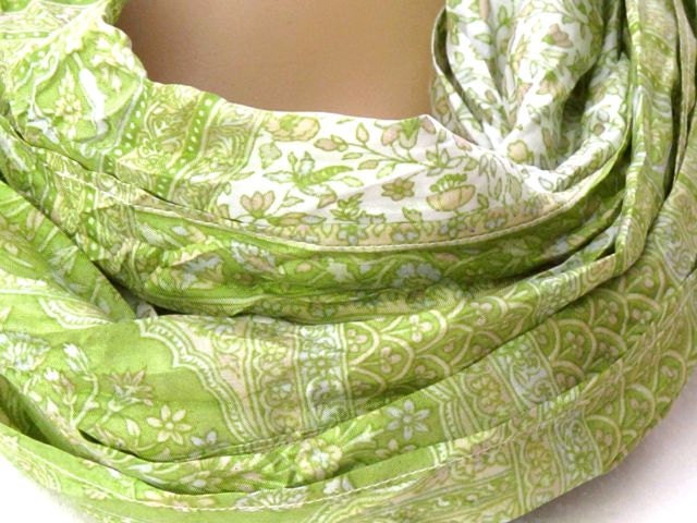 Green Scarf, Silk scarf, Infinity Scarf, Sari scarf