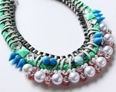 Bubba, pastel neon rope necklace with pearls rhinestones studs, collar, blue green, SS13, colorful, quirky, unique statement necklace, OOAK