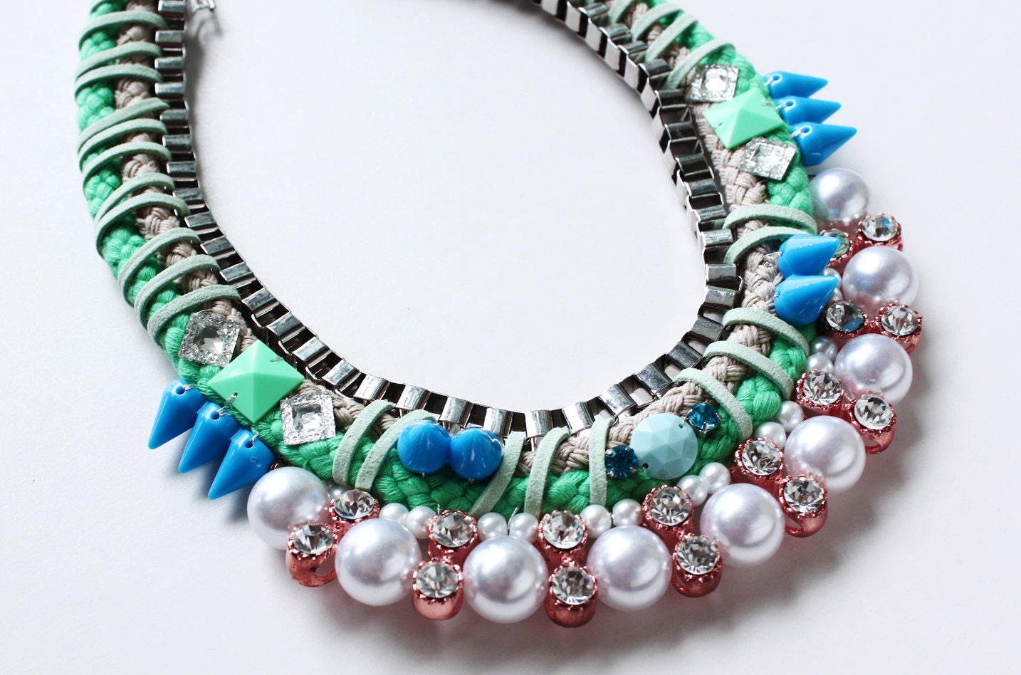 Bubba, neon necklace, statement necklace, pastel neon rope with pearls rhinestones studs, collar, SS13, colorful, quirky, unique , OOAK