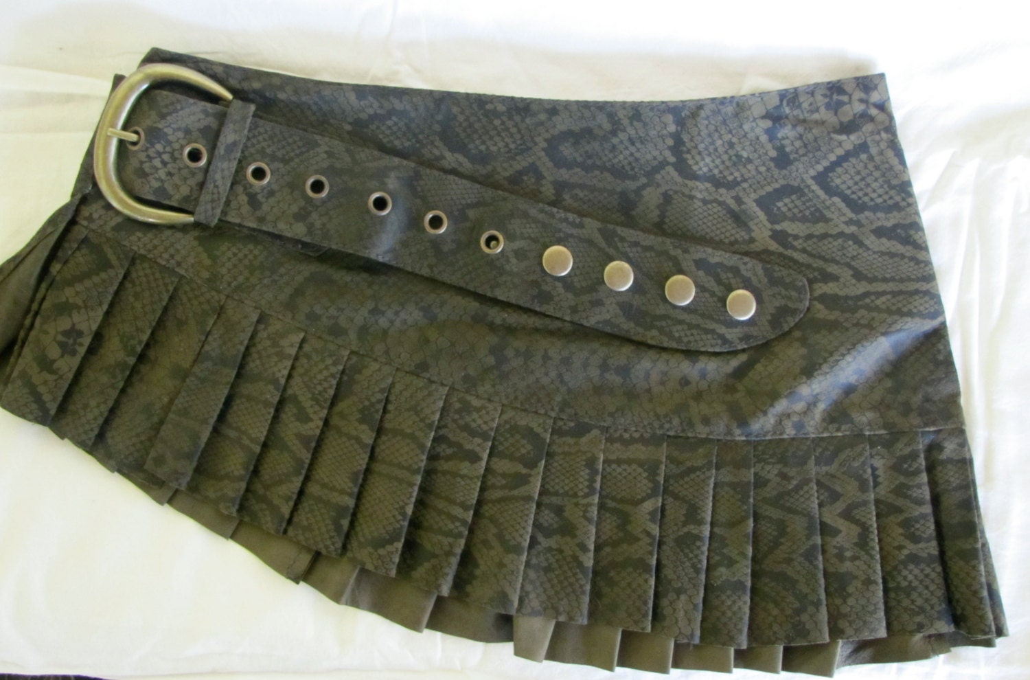 Dark green leather mini skirt snakeprint leather tribal skirt pleated leather mini skirt