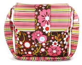 Medium Messenger Bag Pink Brown Green Orange Flowers Stripes Adjustable Crossbody Strap