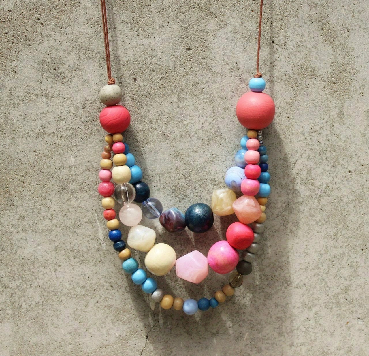 Wooden bead necklace, coral, pink, blue, silver, grey, tribal necklace, bib necklace, bubble, contemporary necklace.