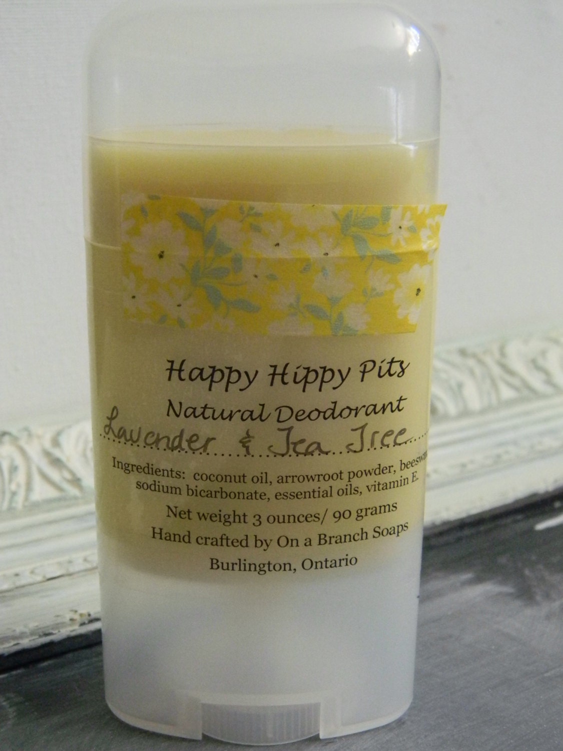 Happy Hippy Pits, Natural Deodorant, Solid, Lavender and Tea Tree, on a branch soaps