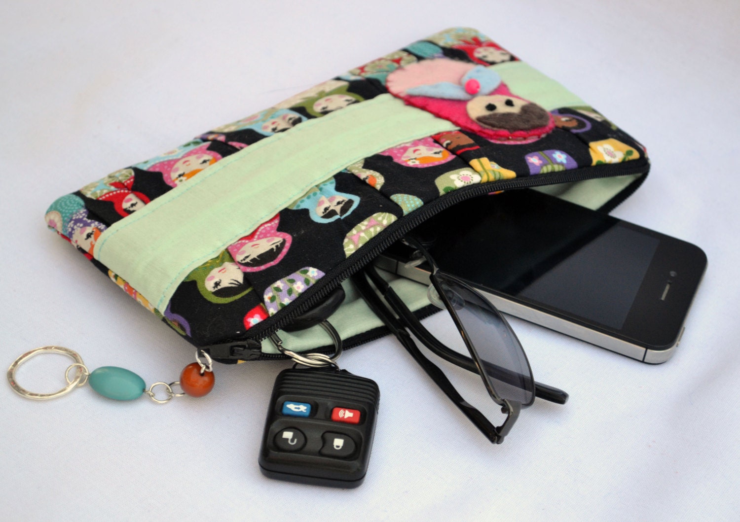 Babushka doll print pleated Clutch Purse, zippered Pouch, summer Clutch, wristlet