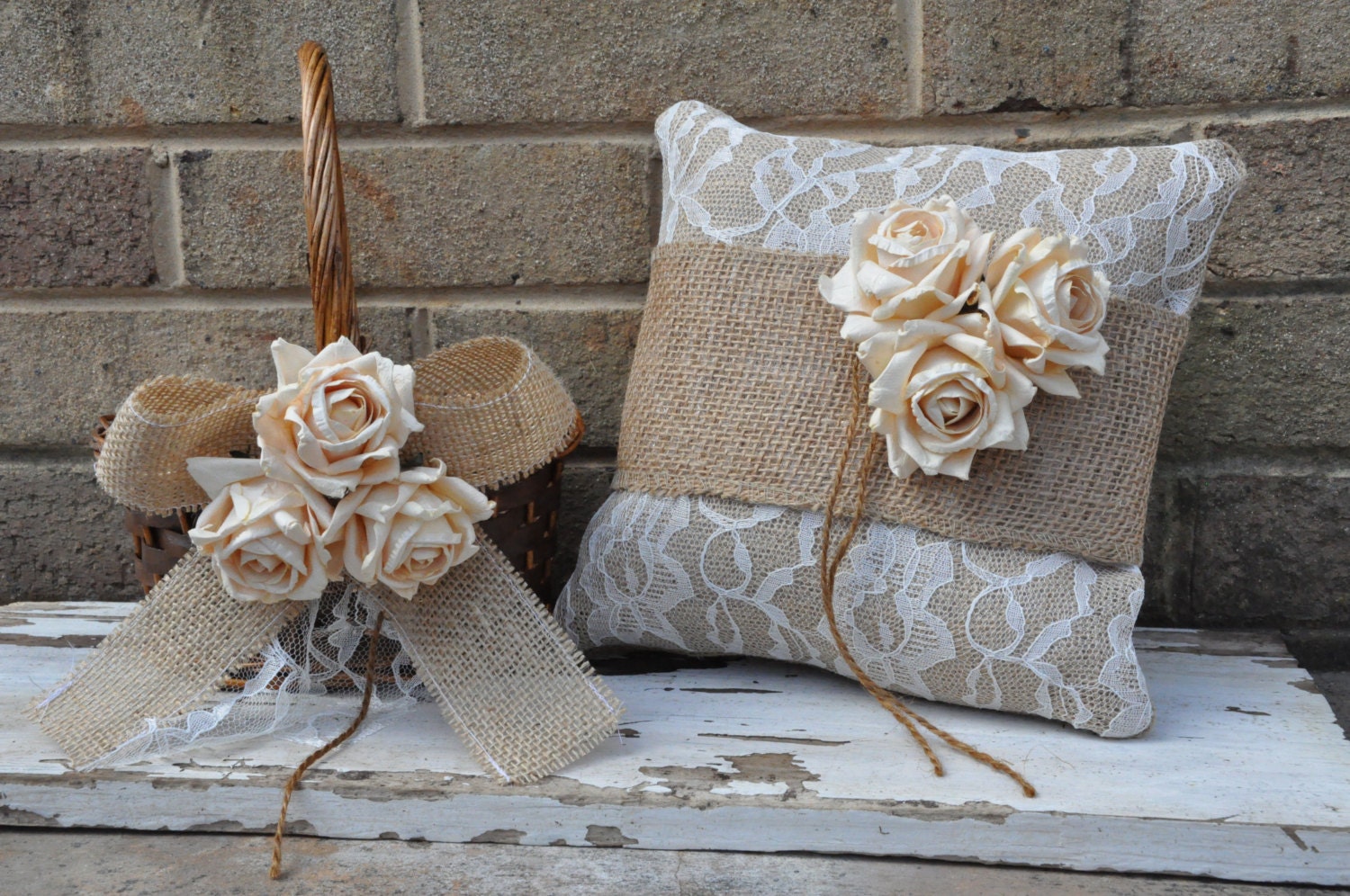 SET OF Ring Bearer Pillow & Flower Girl Basket  - Rustic Burlap Ring Bearer Pillow - Burlap Flower Girl Basket