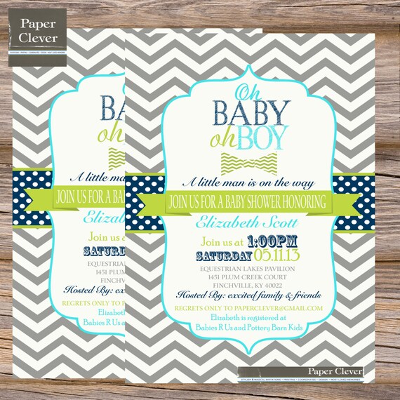 Boys baby shower invitation chevron, oh boy, bowtie, navy, lime, aqua - digital, printable file Il_570xn