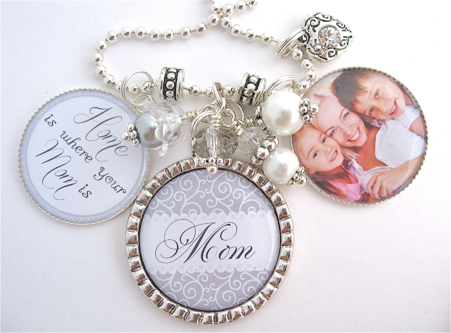 PERSONALIZED MOM Grandma Necklace Keychain Grey White Bottle cap BLESSED Mother Home is where Nana Grandmother Children's Names Wedding