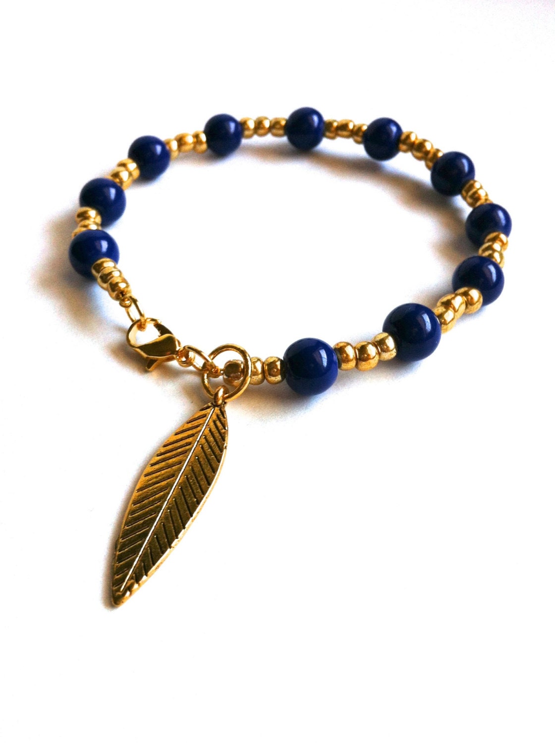 Indigo & Gold Beaded Bracelet with Gold Leaf Charm - Wire Bracelet with Clasp - Layering Bracelet