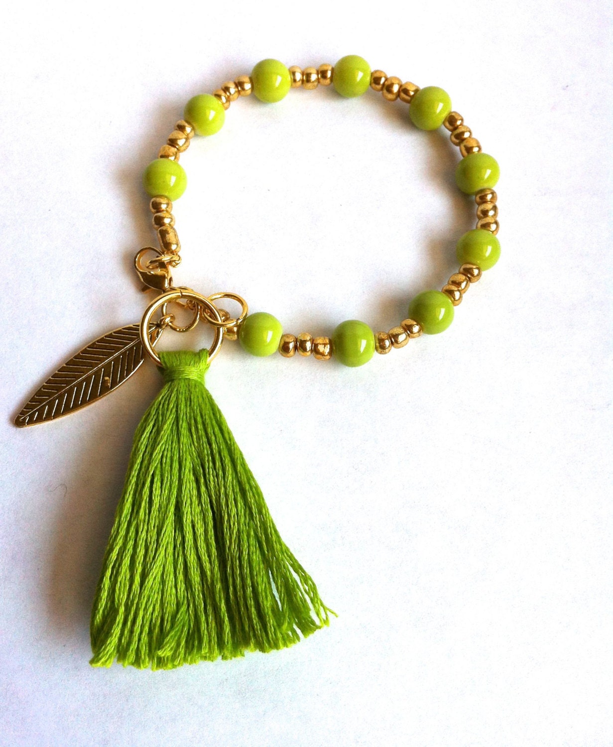 Lime Green & Gold Beaded Tassel Bracelet with Gold Leaf Charm - Wire Bracelet with Clasp - Layering Bracelet
