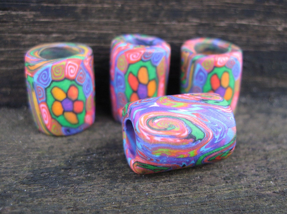 Four dreadlock beads, flower power, bright funky colors, small to medium size