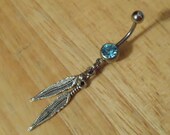 Belly Button Ring - Body Jewery - Feathers with Blue Stone Belly Button Ring