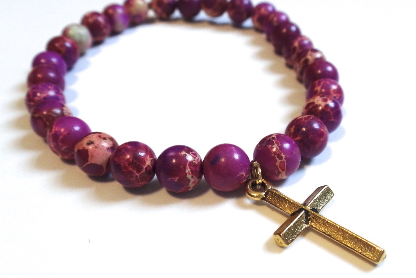 Purple Magnesite Beaded Bracelet with Gold Cross