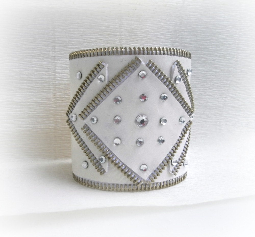 Zipper Cuff Bracelet, White Zipper and leatherette, Swarovski crystals, eco friendly, recycled jewelry