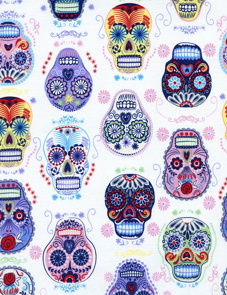 New - Timeless Treasures Fabric  - Folk Art Decorative Skulls - White -  Novelty Fabric