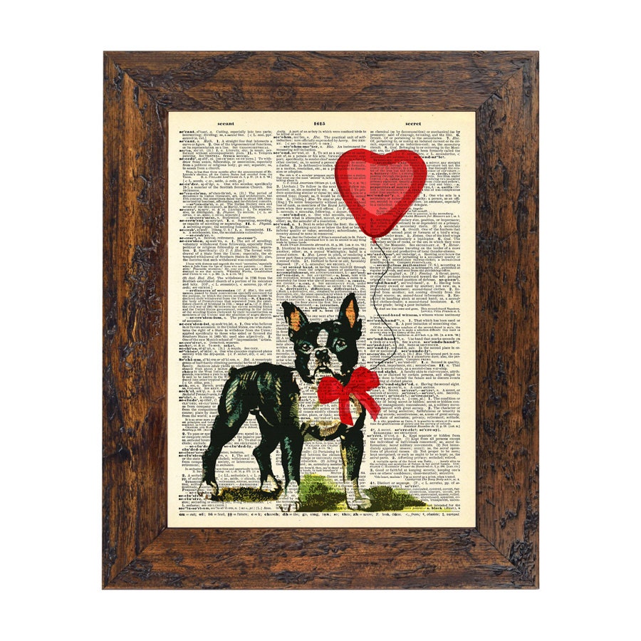 Hearts and Bows Boston Terrier Original Collage Print on an Unframed Upcycled Bookpage