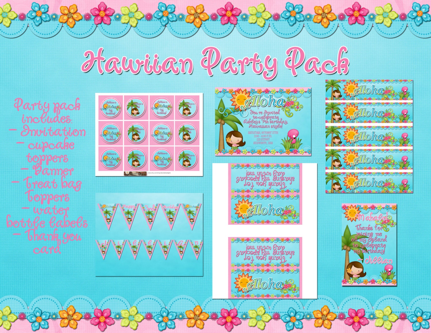 Hawiian Luau Party Pack - Invitation, Banner, Cupcake Toppers, Treat bag toppers, Water bottle labels, thank you card