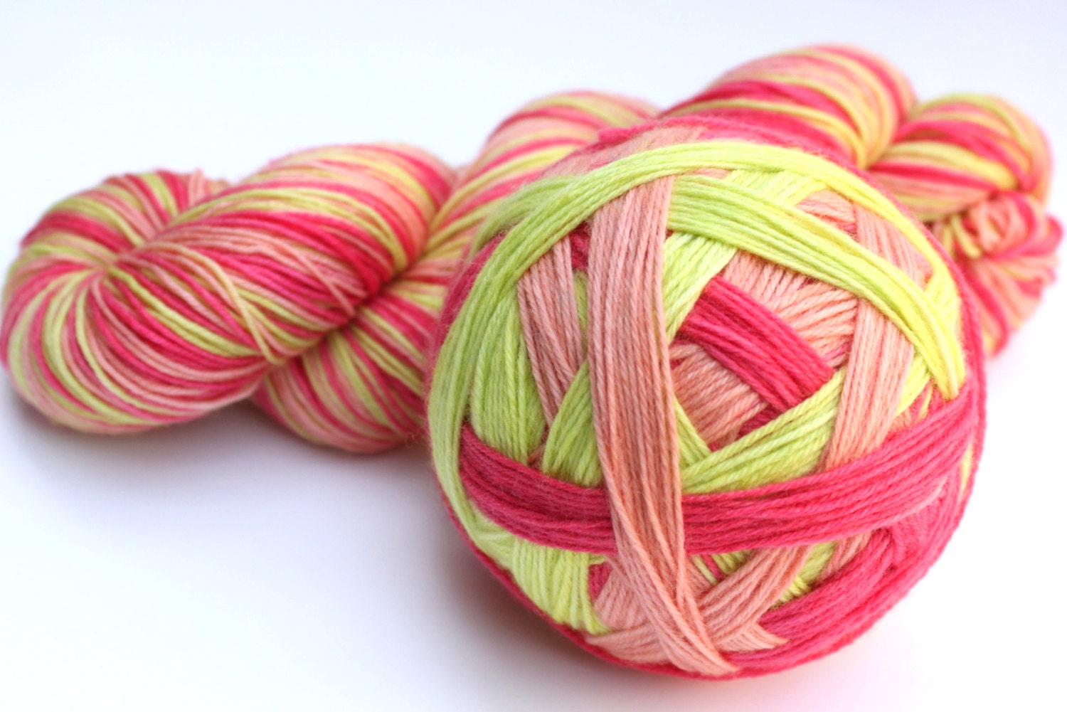 Self Striping Sock Yarn, Superwash Merino and Nylon 75/25 Fingering Weight, in "Ripe Melons"