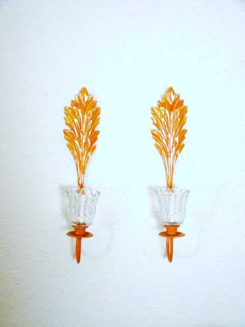 Beautiful Brass wall hanging sconces pair/set with clear glass globes/candle  holders