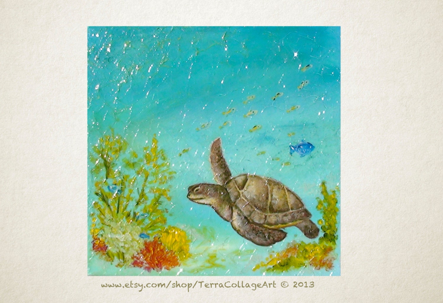 Turtle Under the Sea. 12x12 in. Original Mixed Media Painting marine life home decor