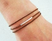 Wrap bracelet in Irish Waxed Linen and silver bar bead - brown - 