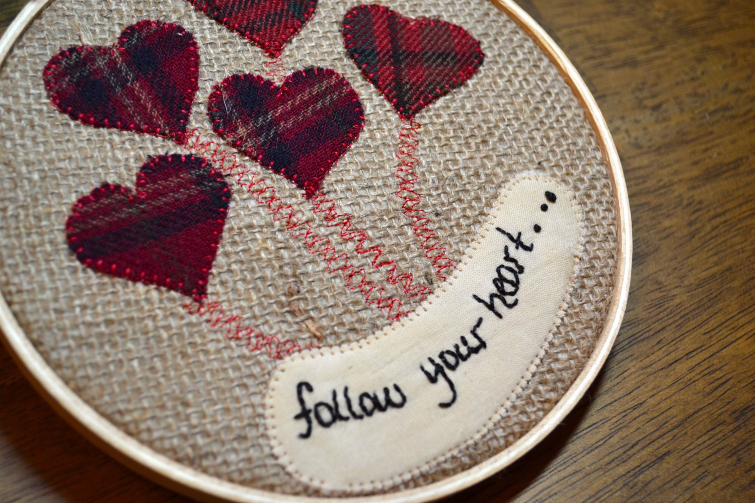 Heart Hoop Embroidery "Follow Your Heart" Hearts, Valentine, burlap and wool, stitchery, Balloons