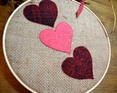 Heart Hoop Embroidery Three Hearts, Valentine, burlap and wool, balloons stitchery, love