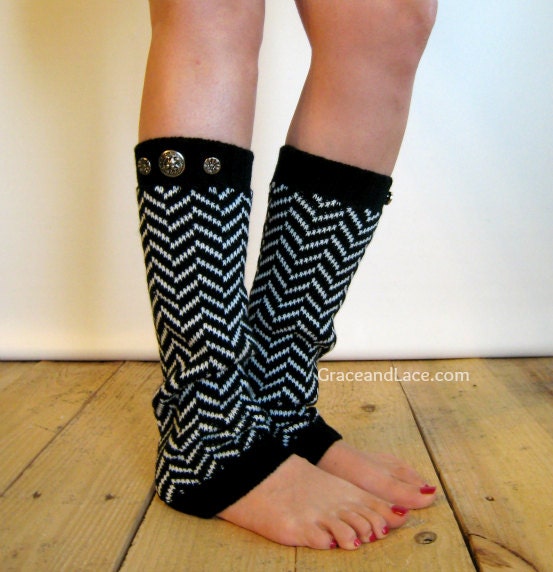 Chevron Crest : BLACK Chevron Leg Warmers w/ Assorted SILVER Metal Military Buttons  (item no. 1-2s)